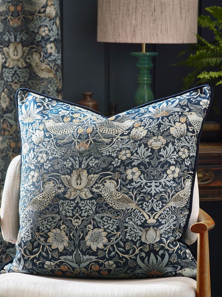 Morris & Co Indigo Strawberry Theif Jacquard Piped Cushion - Image 1 of 6