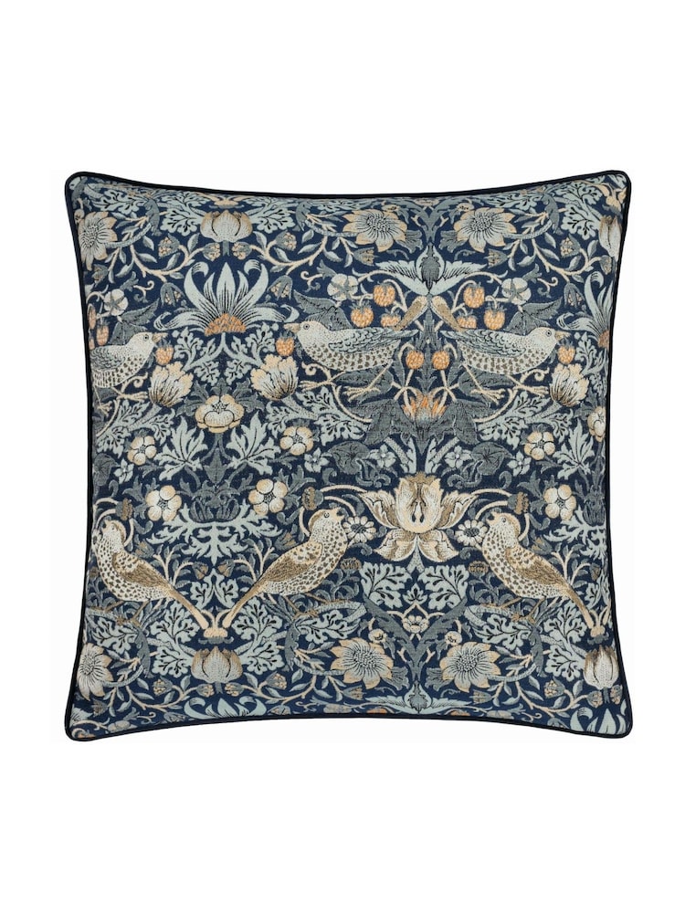Morris & Co Indigo Strawberry Theif Jacquard Piped Cushion - Image 2 of 6