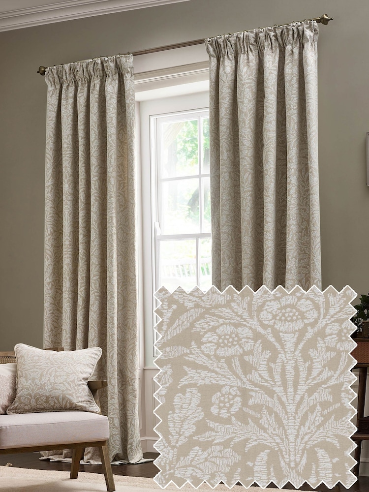 Morris & Co Linen Acorn Tonal Jacquard Pencil Pleat Curtains - Image 1 of 7