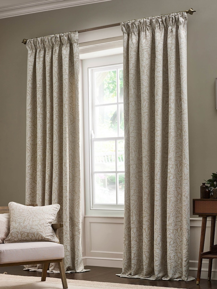 Morris & Co Linen Acorn Tonal Jacquard Pencil Pleat Curtains - Image 2 of 7