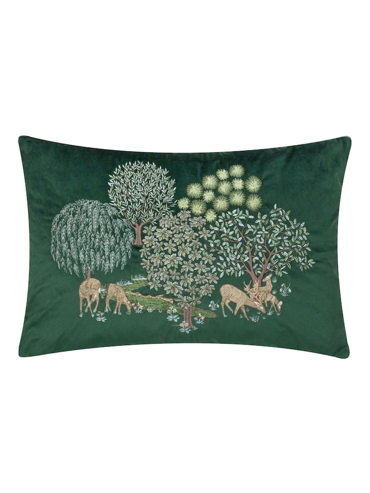 Morris & Co Forest Green The Brook Embroidered Velvet Braided Cushion - Image 1 of 4