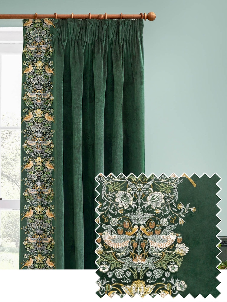 Morris & Co Forest Green Strawberry Theif Embroidered Pencil Pleat Curtains - Image 1 of 6