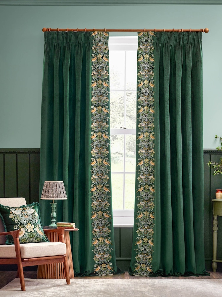 Morris & Co Forest Green Strawberry Theif Embroidered Pencil Pleat Curtains - Image 2 of 6