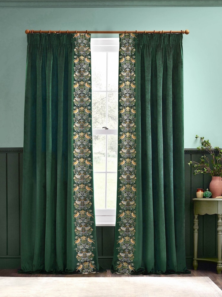 Morris & Co Forest Green Strawberry Theif Embroidered Pencil Pleat Curtains - Image 6 of 6
