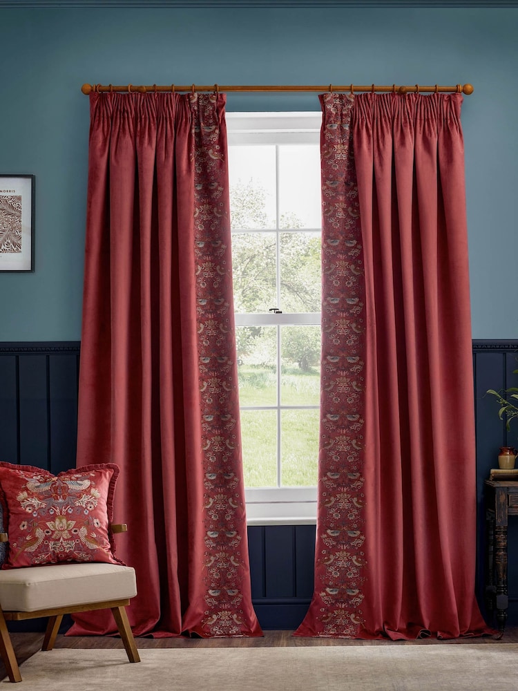 Morris & Co Berry Strawberry Theif Embroidered Pencil Pleat Pencil Pleat Curtains - Image 2 of 7