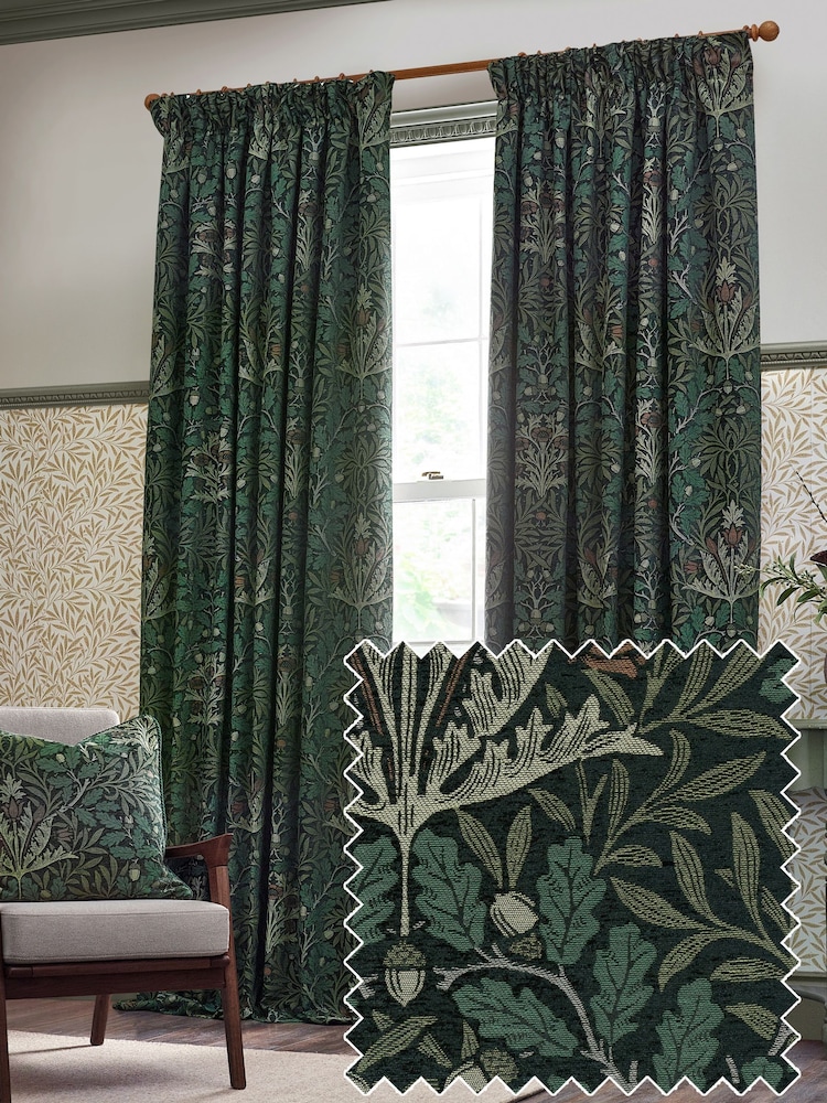 Morris & Co Thyme Forest Acorn Jacquard Chenille Pencil Pleat Curtains - Image 2 of 6