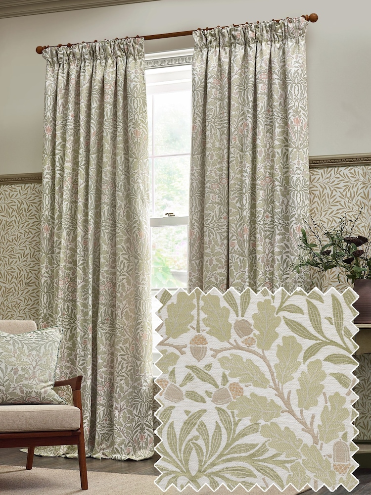 Morris & Co. Stone/Sage Acorn Jacquard Chenille Pencil Pleat Curtains - Image 1 of 6