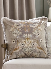 Morris & Co Biscuit Natural Strawberry Thief Embroidered Fringed Cushion - Image 1 of 7