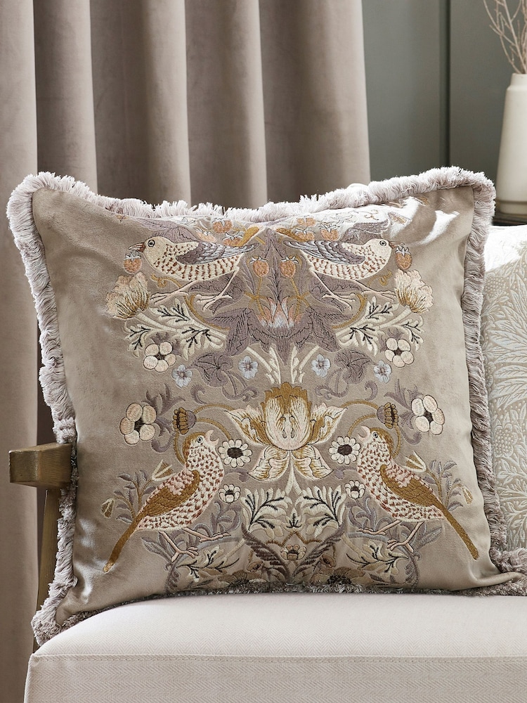Morris & Co Biscuit Natural Strawberry Thief Embroidered Fringed Cushion - Image 1 of 7