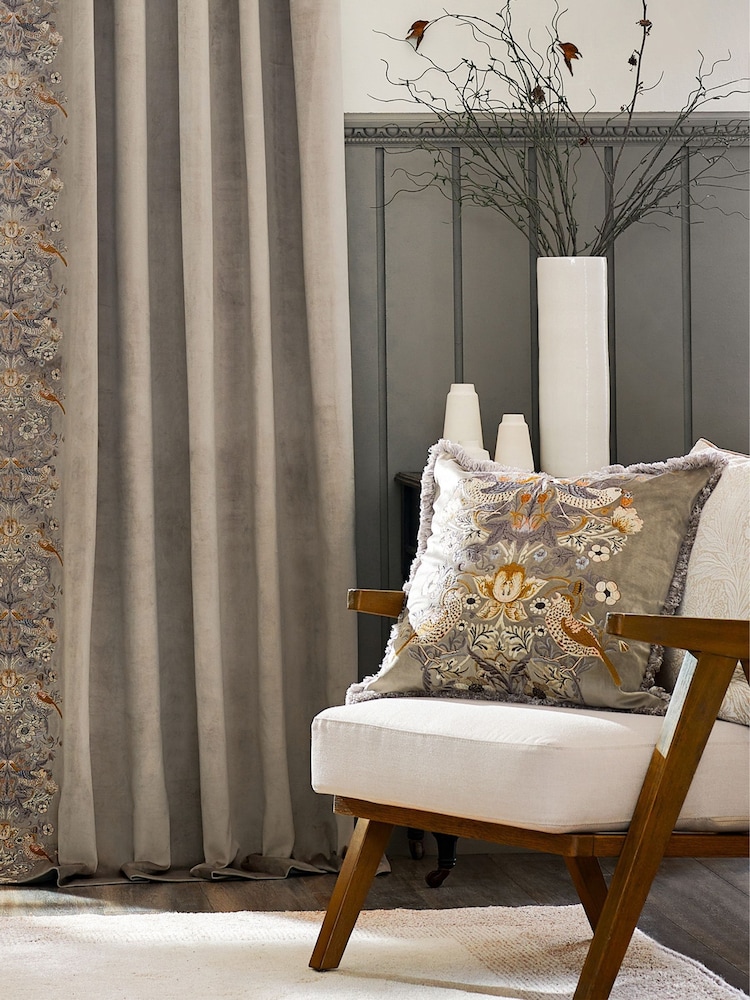 Morris & Co Biscuit Natural Strawberry Thief Embroidered Fringed Cushion - Image 2 of 7