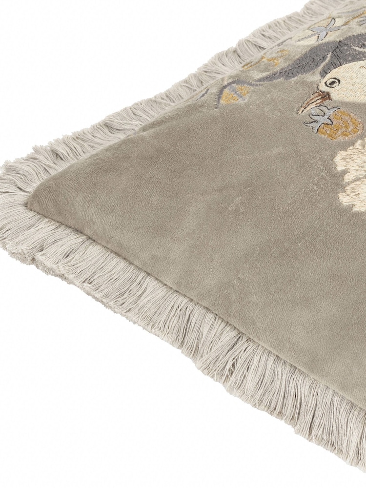 Morris & Co Biscuit Natural Strawberry Thief Embroidered Fringed Cushion - Image 7 of 7