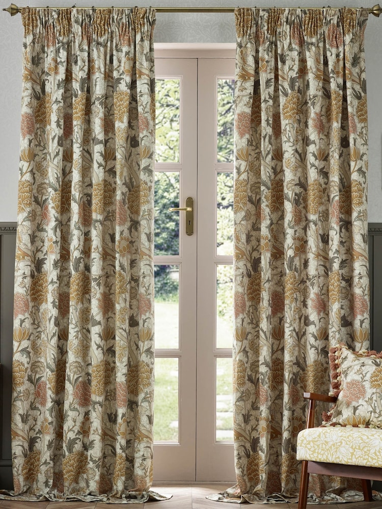 Morris & Co. Stone/Clay Cray Floral Chenille Pencil Pleat Curtains - Image 1 of 7