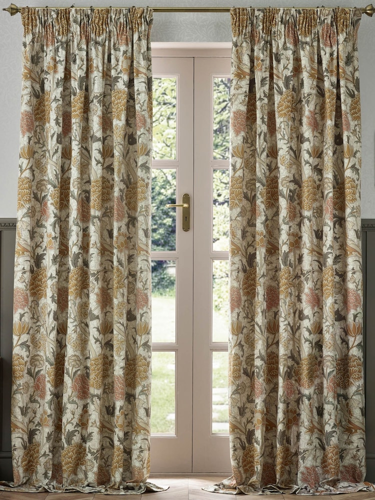 Morris & Co. Stone/Clay Cray Floral Chenille Pencil Pleat Curtains - Image 3 of 7