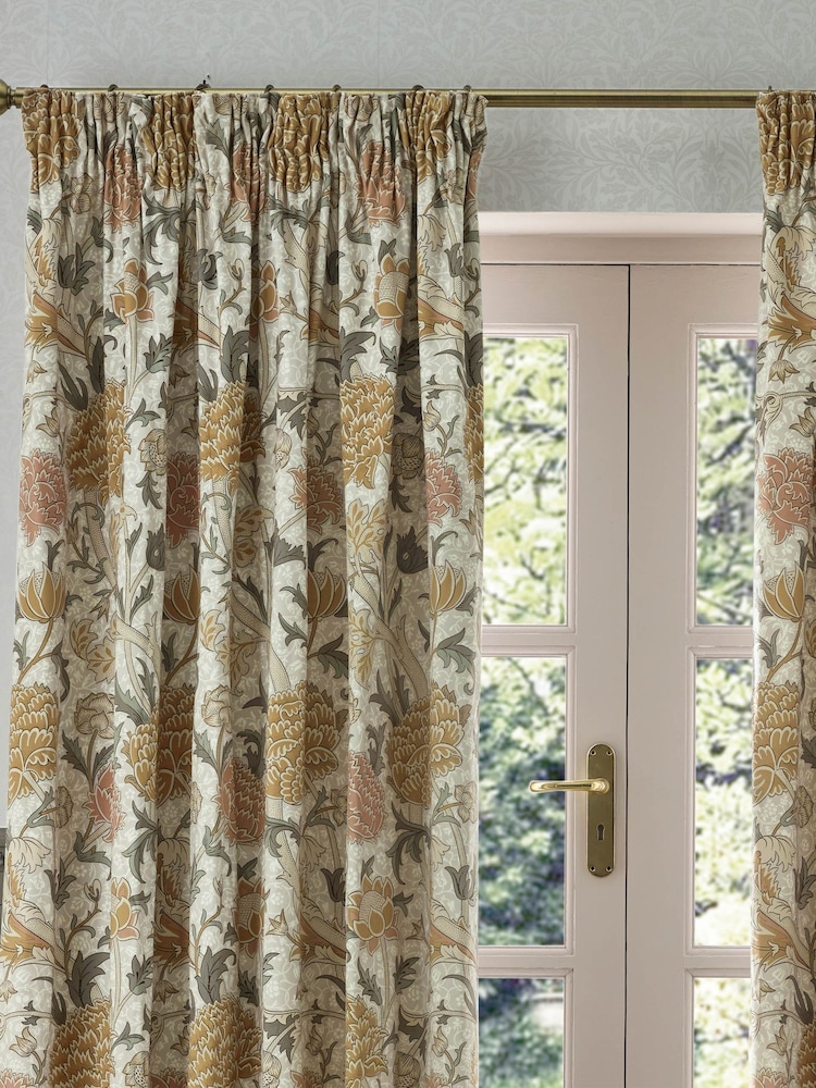 Morris & Co. Stone/Clay Cray Floral Chenille Pencil Pleat Curtains - Image 4 of 7