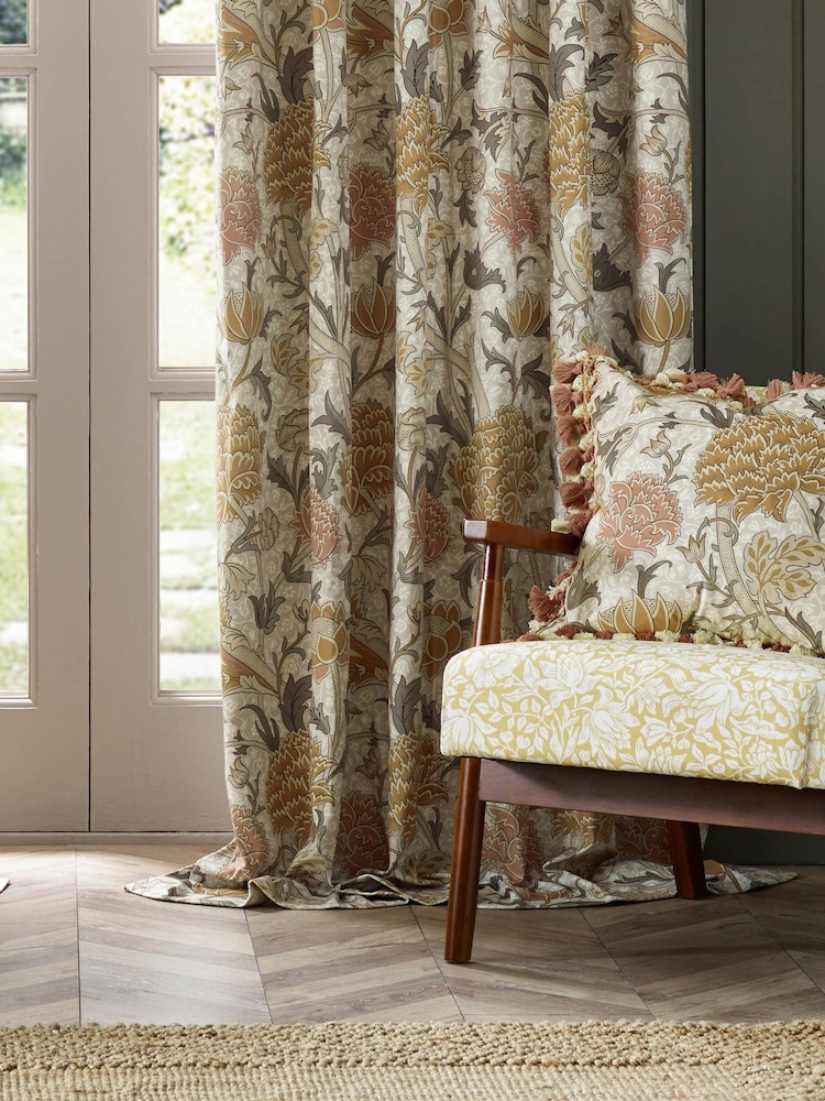 Morris & Co. Stone/Clay Cray Floral Chenille Pencil Pleat Curtains - Image 5 of 7