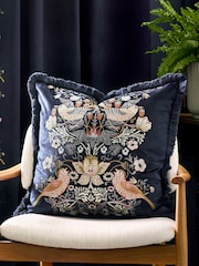Morris & Co Indigo Strawberry Theif Embroidered Fringed Cushion - Image 1 of 7