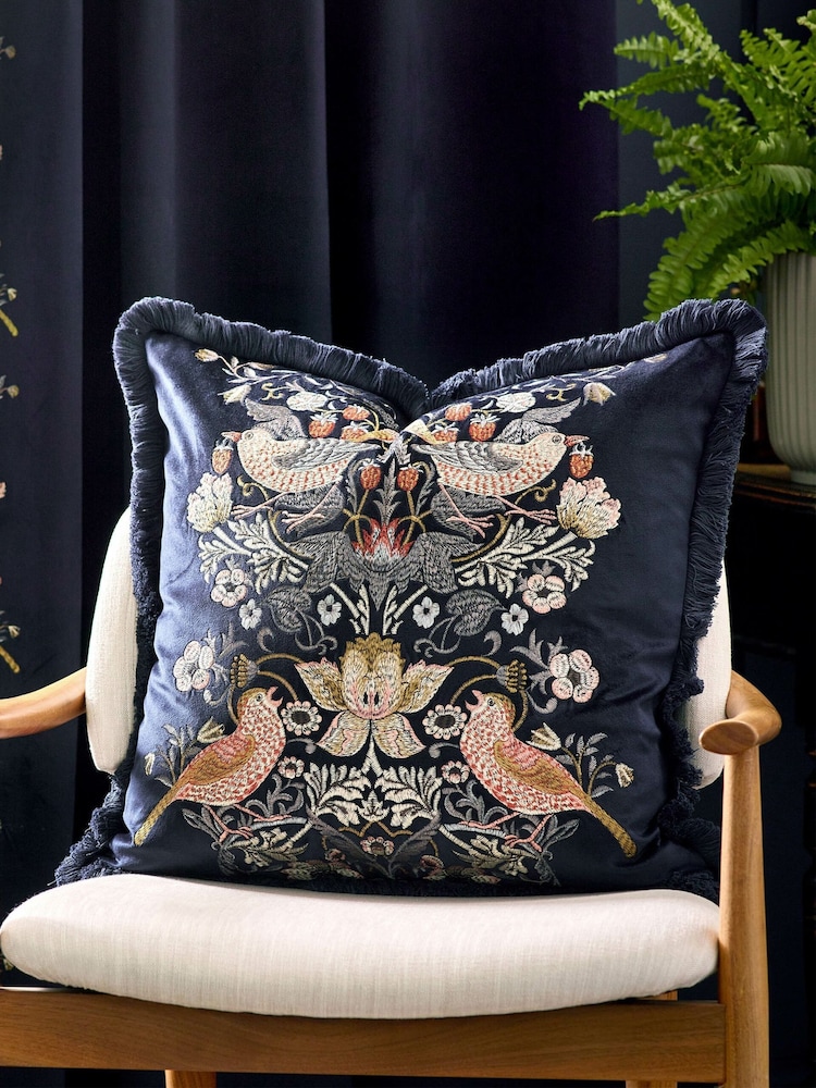 Morris & Co Indigo Strawberry Theif Embroidered Fringed Cushion - Image 1 of 7