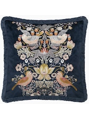 Morris & Co Indigo Strawberry Theif Embroidered Fringed Cushion - Image 3 of 7