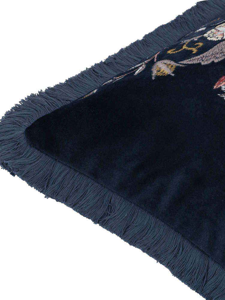 Morris & Co Indigo Strawberry Theif Embroidered Fringed Cushion - Image 7 of 7