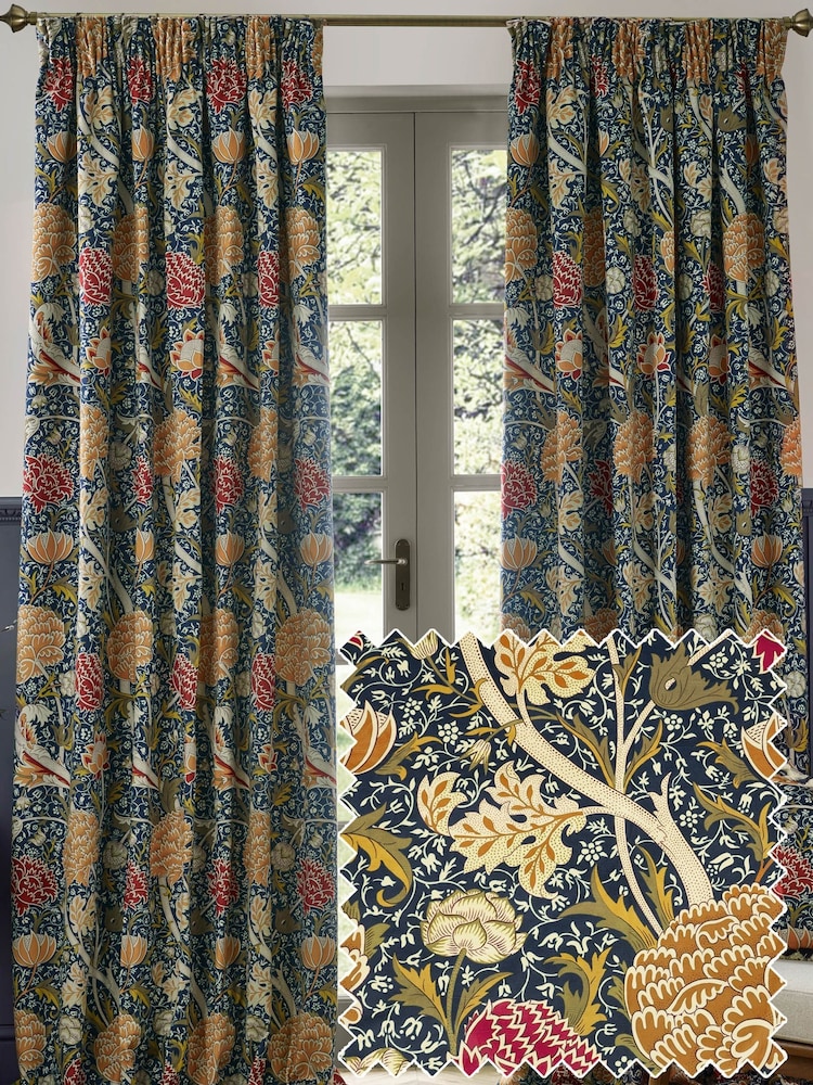 Morris & Co Indigo Berry Cray Floral Chenille Pencil Pleat Curtains - Image 1 of 7
