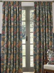 Morris & Co Indigo Berry Cray Floral Chenille Pencil Pleat Curtains - Image 2 of 7