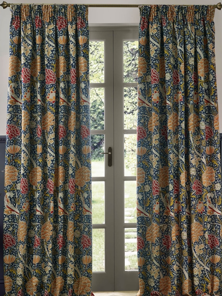Morris & Co Indigo Berry Cray Floral Chenille Pencil Pleat Curtains - Image 7 of 7