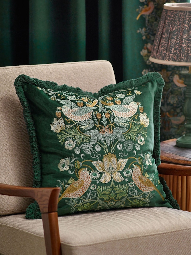 Morris & Co Forest Green Strawberry Thief Embroidered Fringed Cushion - Image 1 of 7