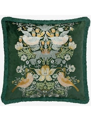 Morris & Co Forest Green Strawberry Thief Embroidered Fringed Cushion - Image 3 of 7