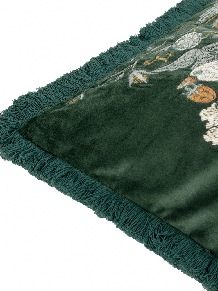 Morris & Co Forest Green Strawberry Thief Embroidered Fringed Cushion - Image 7 of 7