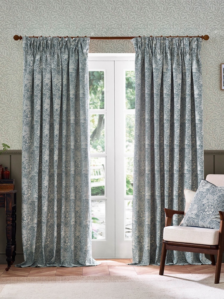 Morris & Co Indigo Marigold Jacquard Pencil Pleat Curtain - Image 1 of 7