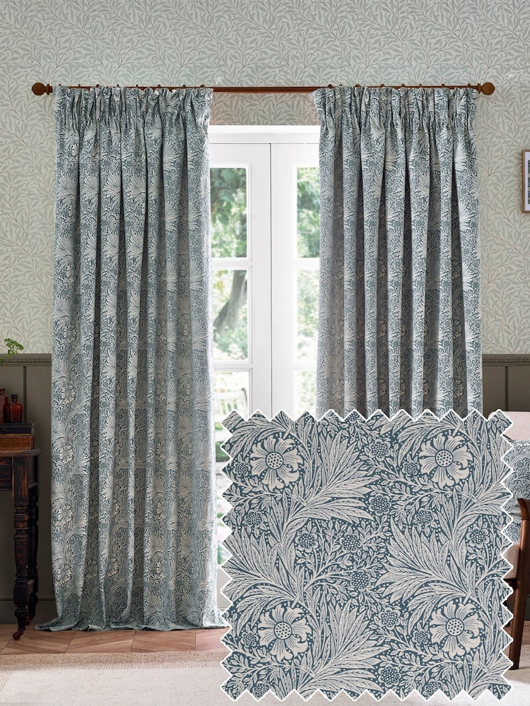 Morris & Co Indigo Marigold Jacquard Pencil Pleat Curtain - Image 2 of 7