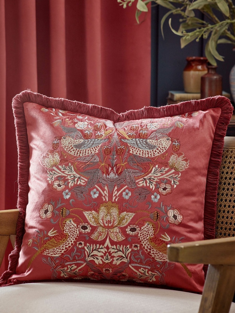 Morris & Co Berry Strawberry Thief Embroidered Fringed Cushion - Image 1 of 8