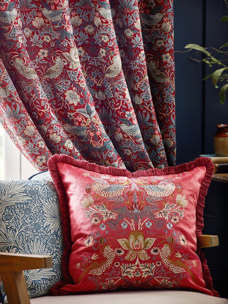 Morris & Co Berry Strawberry Thief Embroidered Fringed Cushion - Image 2 of 8