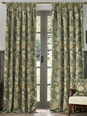 Morris & Co Sage Sunflower Cray Floral Chenille Pencil Pleat Curtains - Image 1 of 7