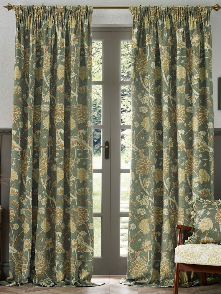 Morris & Co Sage Sunflower Cray Floral Chenille Pencil Pleat Curtains - Image 1 of 7