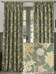 Morris & Co Sage Sunflower Cray Floral Chenille Pencil Pleat Curtains - Image 2 of 7
