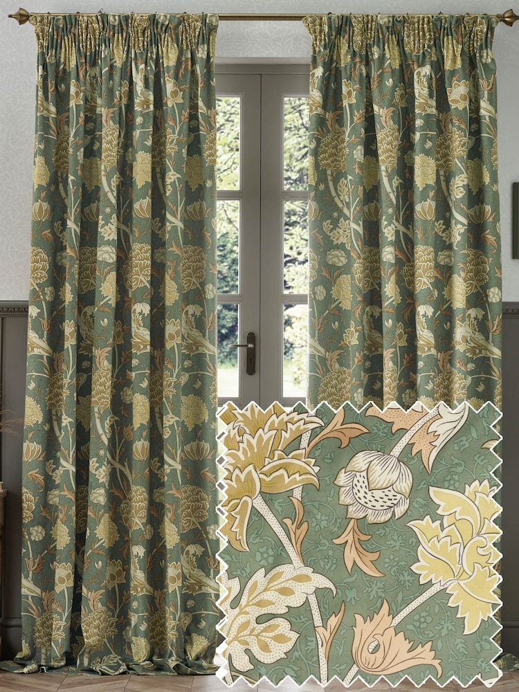 Morris & Co Sage Sunflower Cray Floral Chenille Pencil Pleat Curtains - Image 2 of 7