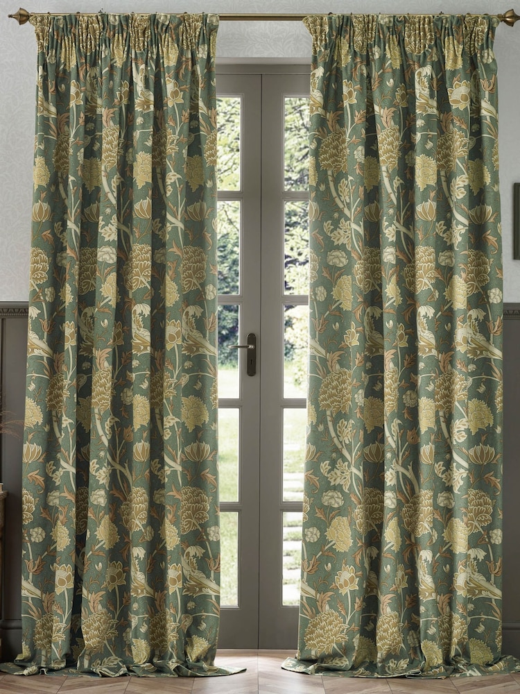 Morris & Co Sage Sunflower Cray Floral Chenille Pencil Pleat Curtains - Image 3 of 7