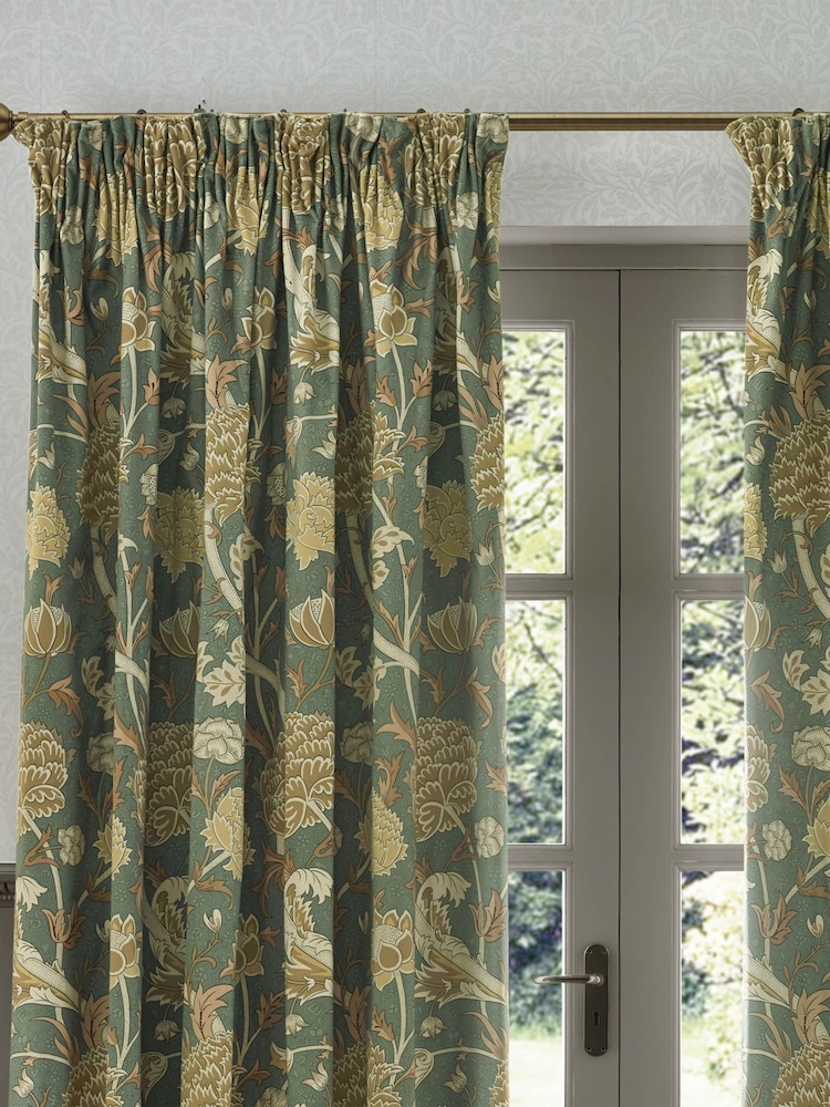 Morris & Co Sage Sunflower Cray Floral Chenille Pencil Pleat Curtains - Image 4 of 7