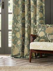 Morris & Co Sage Sunflower Cray Floral Chenille Pencil Pleat Curtains - Image 5 of 7