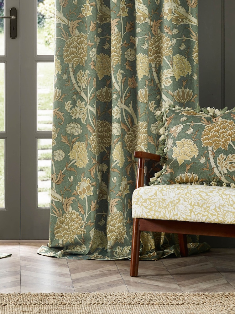 Morris & Co Sage Sunflower Cray Floral Chenille Pencil Pleat Curtains - Image 5 of 7