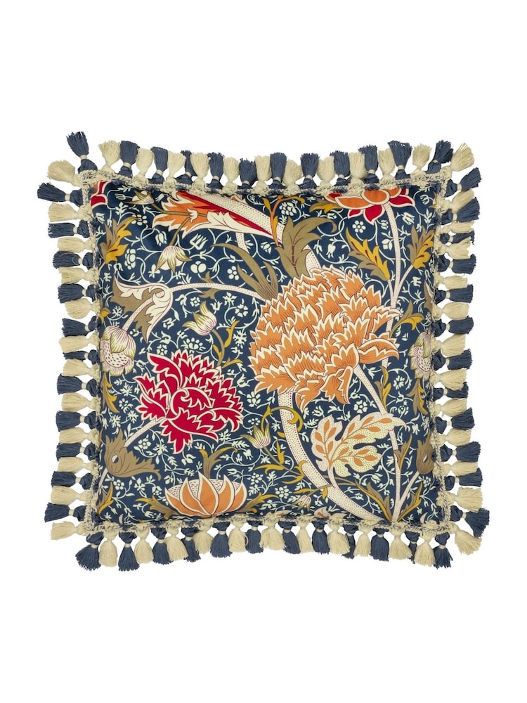 Morris & Co Indigo Berry Cray Floral Chenille Piped Cushion - Image 1 of 5