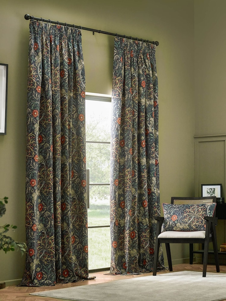 Morris & Co Indigo Seaweed Matt Velvet Pencil Pleat Pencil Pleat Curtains - Image 1 of 7