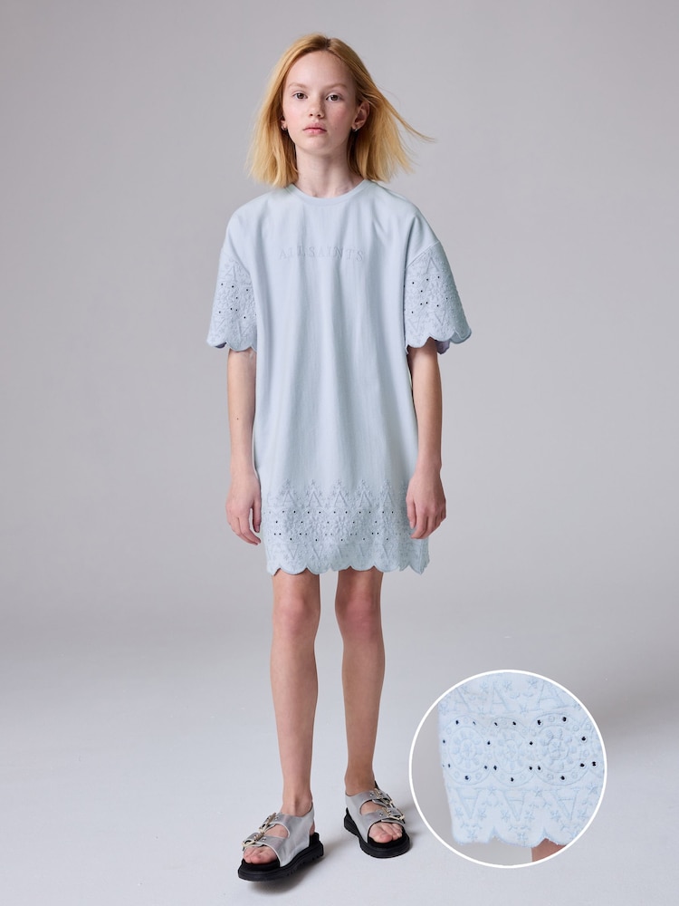 smALLSAINTS Light Blue Girls Oversized Broderie T-Shirt Dress - Image 1 of 9 smALLSAINTS Light Blue Girls Oversized Broderie T-Shirt Dress - Image 1 of 9