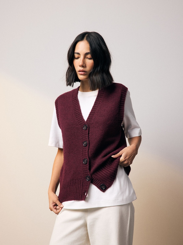 Burgundy Red Button Front Knitted Tank Top - Image 1 of 9