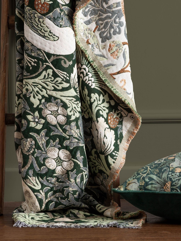 Morris & Co Forest Green Strawberry Thief Jacquard Multi Layer Throw - Image 1 of 8