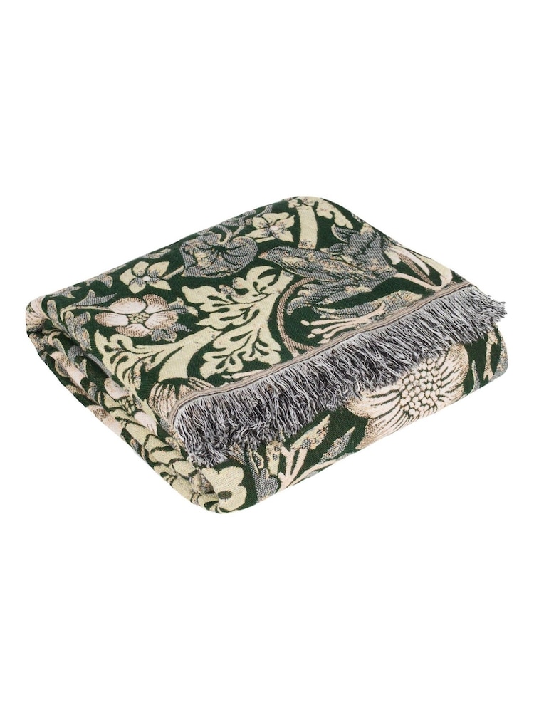 Morris & Co Forest Green Strawberry Thief Jacquard Multi Layer Throw - Image 8 of 8