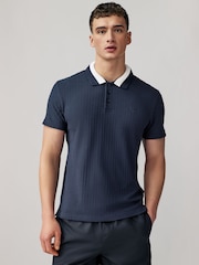 Emporio Armani Swimwear Blue Contrast Collar Knitted 100% Cotton Polo Shirt - Image 1 of 3