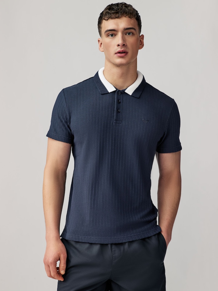 Emporio Armani Swimwear Blue Contrast Collar Knitted 100% Cotton Polo Shirt - Image 1 of 3