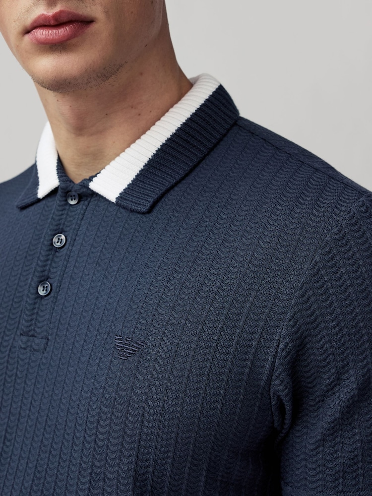 Emporio Armani Swimwear Blue Contrast Collar Knitted 100% Cotton Polo Shirt - Image 2 of 3